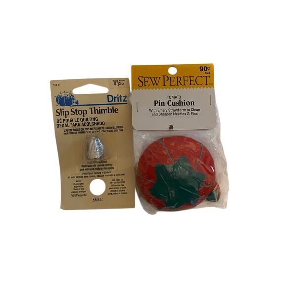 Vintage Nwt Dritz Slip Stop Thimble Sew Perfect Tomato Pin Cushion Set Art Craft - Picture 1 of 8